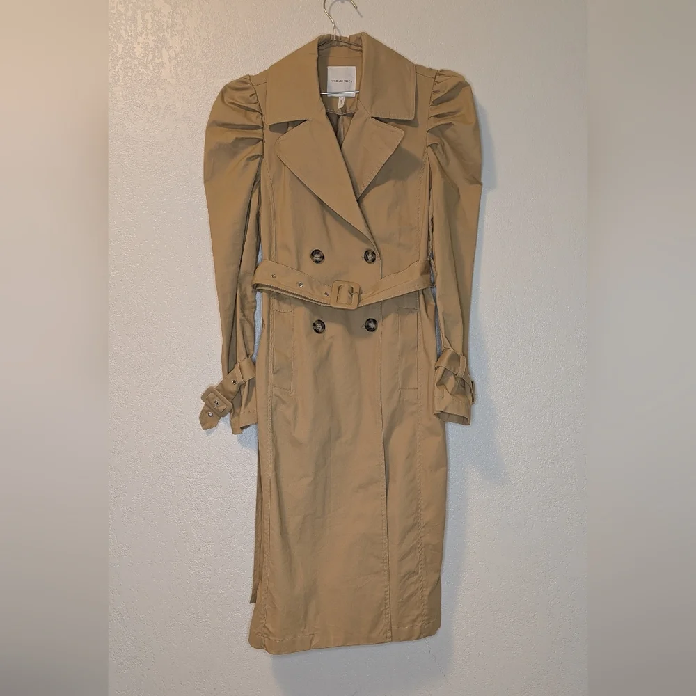 Avec Les Filles Puff Sleeve Classic Tan Trench Coat - Picture 6 of 15